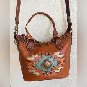 American West Brown Zuni passage genuine Leather Shoulder Bag crossover purse